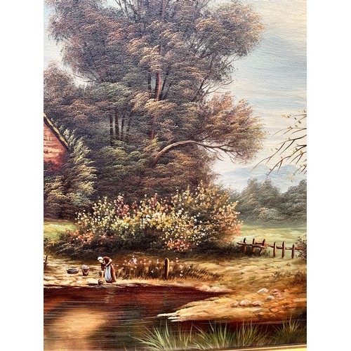 325 - OIL ON CANVAS OF THE FIGURE BY THE POND BEFORE A COTTAGE SIGNED R NISSEN IN GILT FRAME