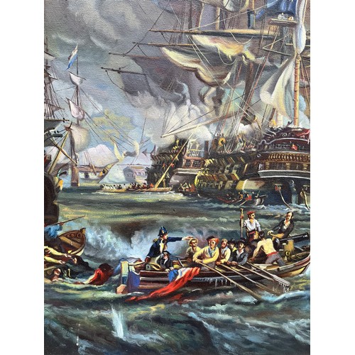 329 - 1972 OILS ON CANVAS BY E PENA SPANISH NAVAL BATTLE IN LARGE GILT FRAME