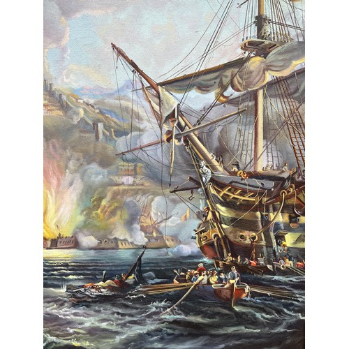 329 - 1972 OILS ON CANVAS BY E PENA SPANISH NAVAL BATTLE IN LARGE GILT FRAME