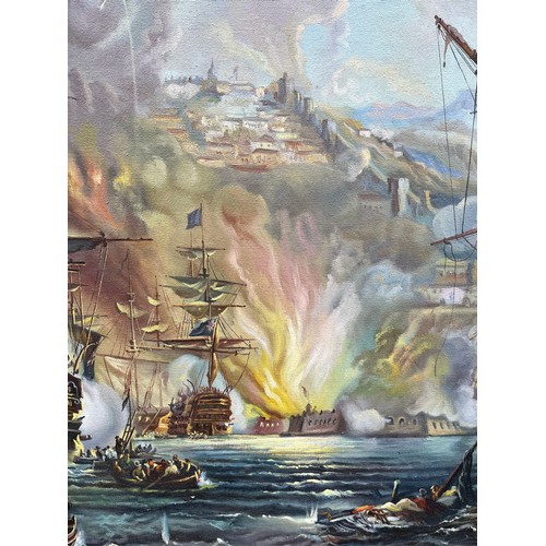 329 - 1972 OILS ON CANVAS BY E PENA SPANISH NAVAL BATTLE IN LARGE GILT FRAME