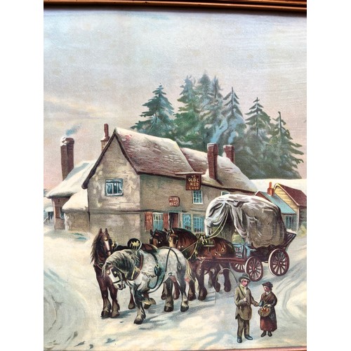 322 - VICTORIAN LITHOGRAPHIC PRINT OF HORSE CART AND FIGURES, AND SMALL WATER COLOUR OF A WATERMILL