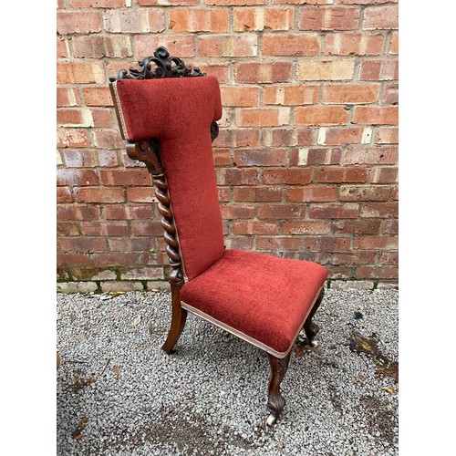 102 - VICTORIAN RED UPHOLSTED CARVED FRAMED PRIE DIEU (PRAYER CHAIR)