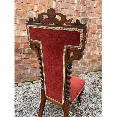 102 - VICTORIAN RED UPHOLSTED CARVED FRAMED PRIE DIEU (PRAYER CHAIR)