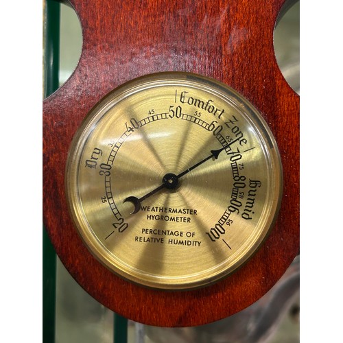 453 - MAHOGANY CASED WHEEL BAROMETER AND THERMOMETER