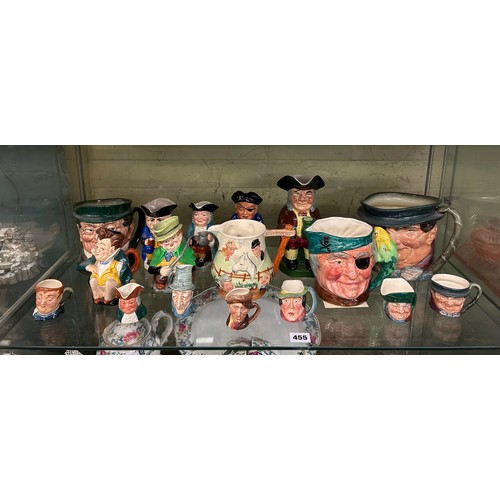 455 - SHELF OF ROYAL DOULTON AND OTHER CHARACTER JUGS, FAT BOY, TOBY WELLER, AND OTHERS