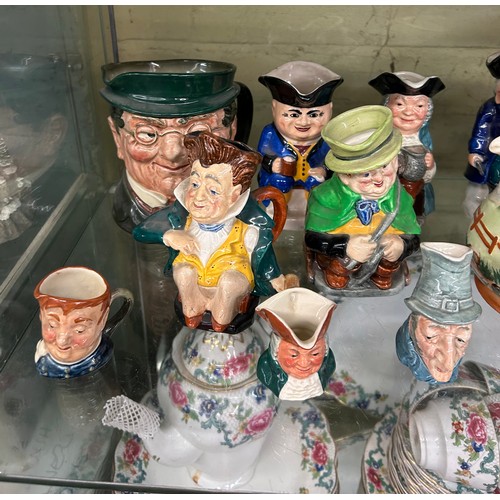 455 - SHELF OF ROYAL DOULTON AND OTHER CHARACTER JUGS, FAT BOY, TOBY WELLER, AND OTHERS