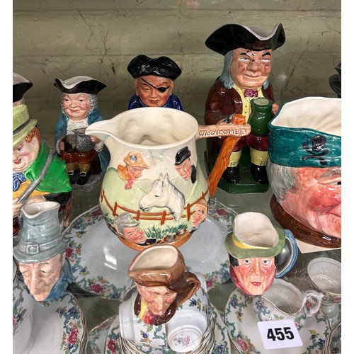 455 - SHELF OF ROYAL DOULTON AND OTHER CHARACTER JUGS, FAT BOY, TOBY WELLER, AND OTHERS