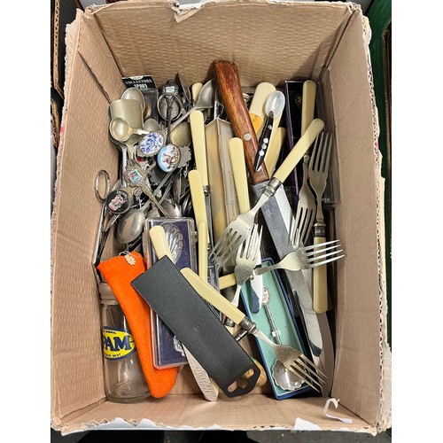 388 - BOX OF CUTLERY, SOUVENIR SPOONS, AND BOHEMIAN GLASS BOWL