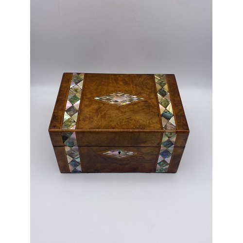 520 - VICTORIAN WALNUT AND ABALONE BANDED NEEDLEWORK BOX