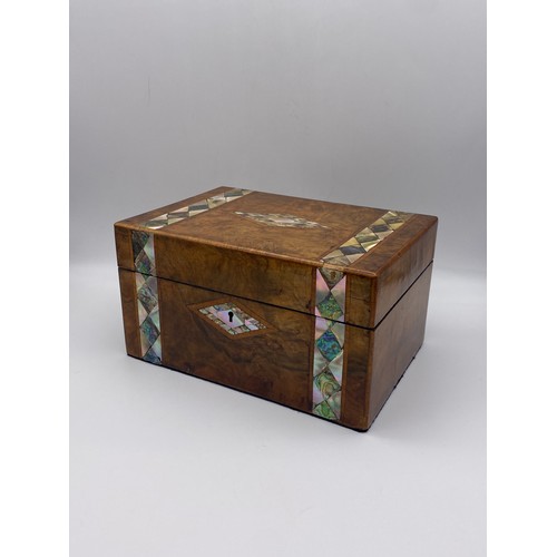 520 - VICTORIAN WALNUT AND ABALONE BANDED NEEDLEWORK BOX