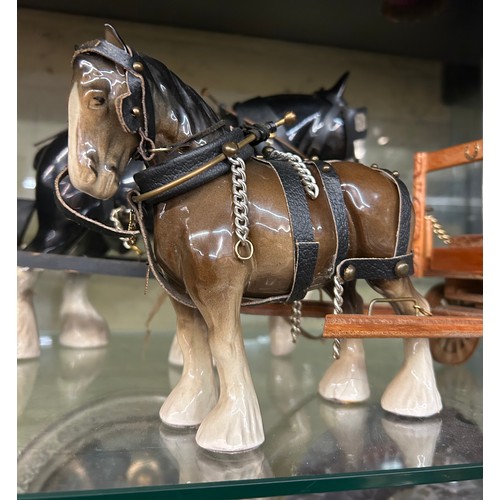 458 - TWO POTTERY MODELS OF DRAYCARTS WITH HORSES