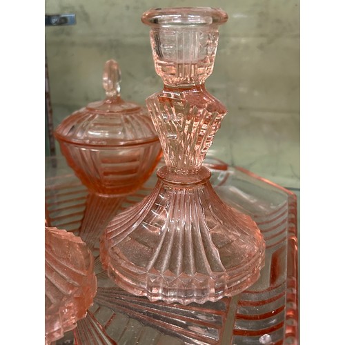 460 - PEACH TINTED GLASS DRESSING TABLE SET