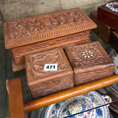 471 - SHELF OF CHIP CARVED AND DECORATIVE BOXES, MINIATURE COFFER AND CASH'S INSET BOX