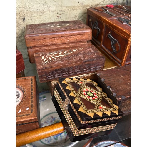 471 - SHELF OF CHIP CARVED AND DECORATIVE BOXES, MINIATURE COFFER AND CASH'S INSET BOX