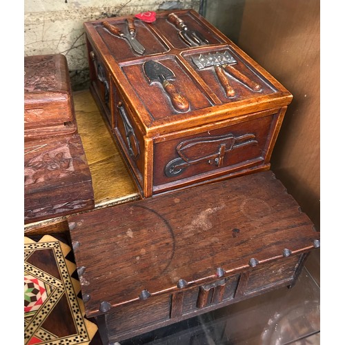 471 - SHELF OF CHIP CARVED AND DECORATIVE BOXES, MINIATURE COFFER AND CASH'S INSET BOX