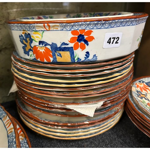 472 - SHELF OF MASONS IRONSTONE CHINA GRADUATED PLATTERS, PLATES AND BOWLS