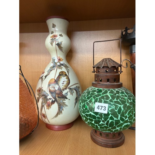 473 - GLASS DOUBLE GOURD BIRD PAINTED VASE AND DECORATIVE LANTERNS AND LIGHT HOLDERS