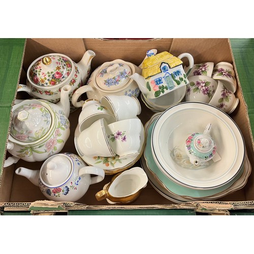 373 - CARTON - VARIOUS PART TEASETS, ROYAL DOULTON FRESH FLOWERS BOWLS, TEAPOTS, SYLVAC VEGETABLE JARS AND... 