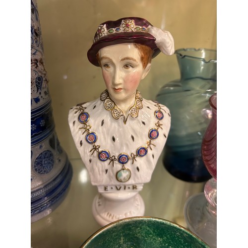 494 - ALTON PORCELAIN PORTRAIT BUST, LUSTRE BOWLS AND DECORATIVE GLASSWARE AND RHINISH EWER