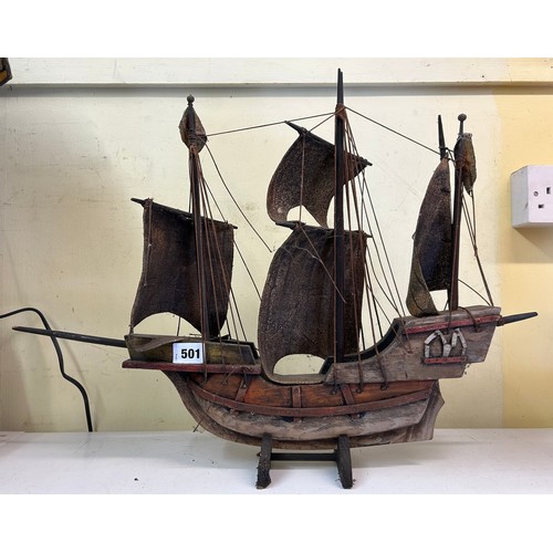 501 - TWO WOODEN CARVED GALLEON MODELS ON STANDS