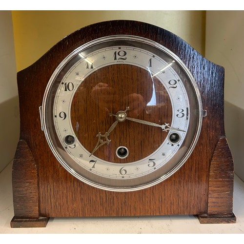 507 - WALNUT MANTLE CLOCK AND OAK CASED EIGHT DAY CLOCK AND ONE OTHER