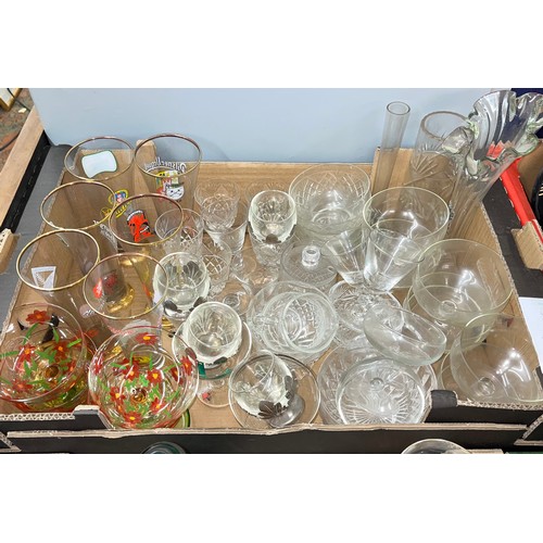 367 - THREE BOXES OF VARIOUS CUT AND PRESSED COLOURED GLASSWARE, STUART CRYSTAL DECANTER, ROSE BOWL AND SO... 