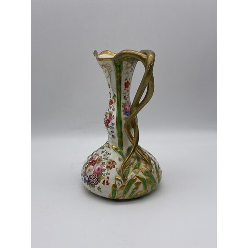 611 - CHAMBERLAIN AND CO. WORCESTER FLORAL PAINTED EWER WITH SERPENT ENTWINED HANDLE