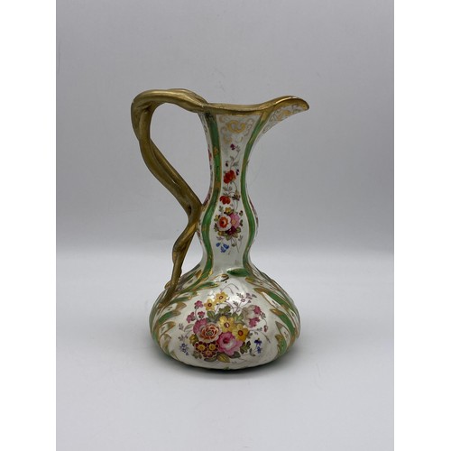 611 - CHAMBERLAIN AND CO. WORCESTER FLORAL PAINTED EWER WITH SERPENT ENTWINED HANDLE