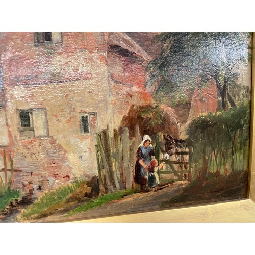 331 - F H HENSHAW (1807-1891) OILS ON CANVAS FIGURES FEEDING A DONKEY BEFORE A COTTAGE IN GILT FRAME