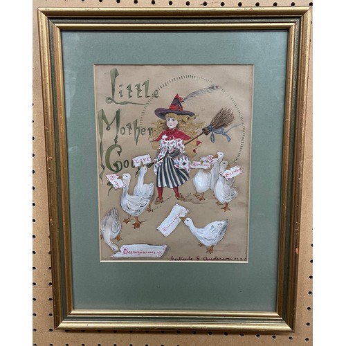 602 - GERTRUDE ANDERSON WATER COLOUR OF LITTLE MOTHER GOOSE FRAMED AND GLAZED CIRCA 1890