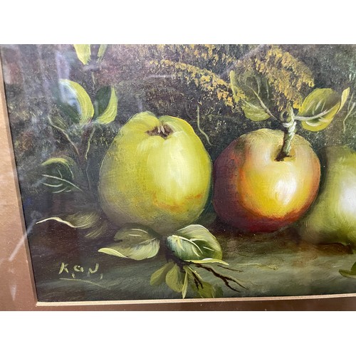 347 - EARLY 20TH CENTURY OILS ON BOARD STILL LIFE OF APPLES AND PEARS MONOGRAMMED KAV? FRAMED AND GLAZED