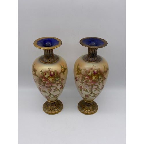 612 - PAIR OF CARLTON WARE BLUSH IVORY GILT CABBAGE ROSE OVOID VASES A/F