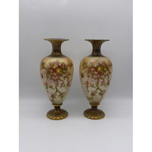 612 - PAIR OF CARLTON WARE BLUSH IVORY GILT CABBAGE ROSE OVOID VASES A/F