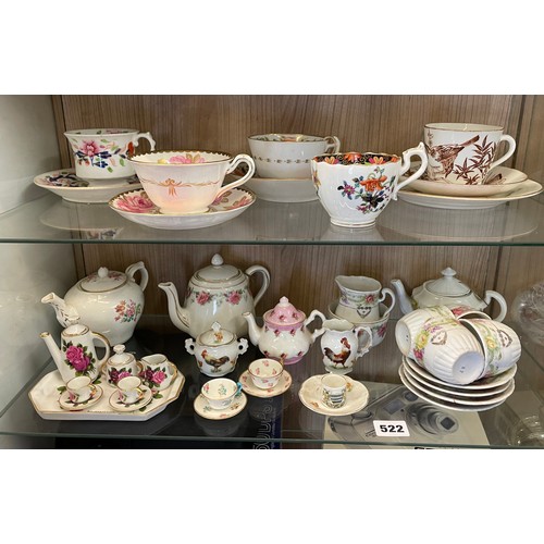 522 - SELECTION OF 19TH CENTURY CUPS AND SAUCERS, MINIATURE CUPS AND SAUCERS AND DOLLS HOUSE TETE ET TETE ... 