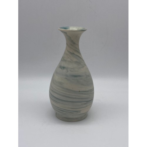 628 - MARY RICH BLUE SPECKLED BOWL, STUDIO POTTERY BOTTLE VASE AND A STRIPED PEDESTAL BOWL