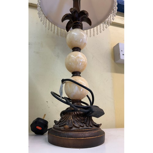 496 - REPRODUCTION TABLE LAMP WITH GLASS HUMMINGBIRD SHADE AND A TRIPLE ALABASTER BALL COLUMN TABLE LAMP