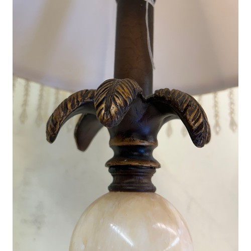 496 - REPRODUCTION TABLE LAMP WITH GLASS HUMMINGBIRD SHADE AND A TRIPLE ALABASTER BALL COLUMN TABLE LAMP