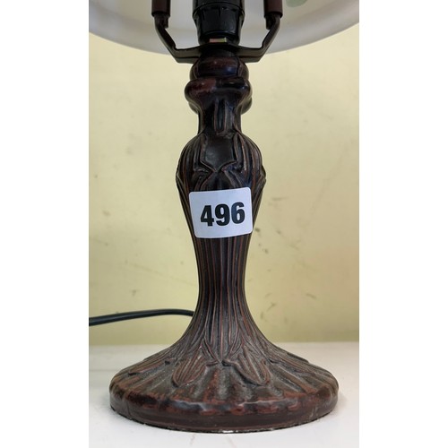 496 - REPRODUCTION TABLE LAMP WITH GLASS HUMMINGBIRD SHADE AND A TRIPLE ALABASTER BALL COLUMN TABLE LAMP