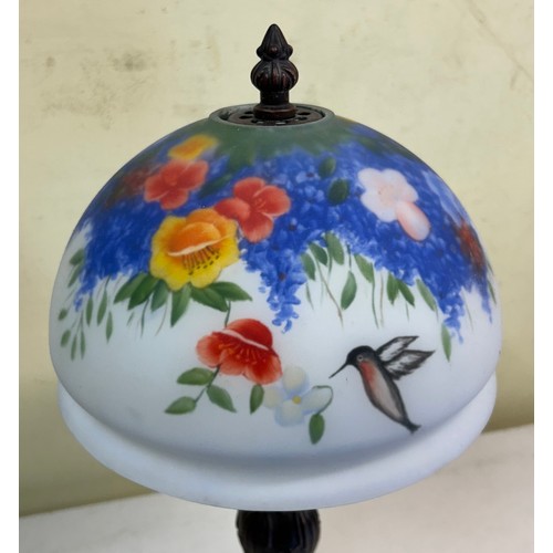 496 - REPRODUCTION TABLE LAMP WITH GLASS HUMMINGBIRD SHADE AND A TRIPLE ALABASTER BALL COLUMN TABLE LAMP