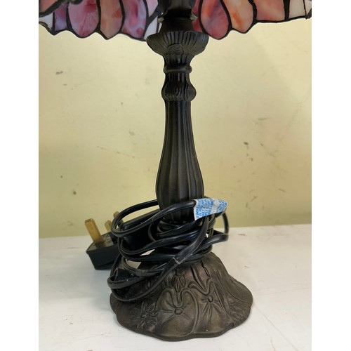 497 - THREE SMALL TIFFANY INSPIRED TABLE LAMPS INCLUDING OWL SHADE EXAMPLE