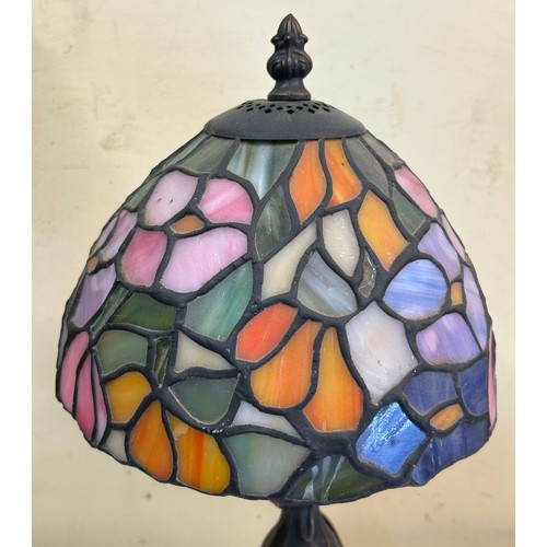 497 - THREE SMALL TIFFANY INSPIRED TABLE LAMPS INCLUDING OWL SHADE EXAMPLE