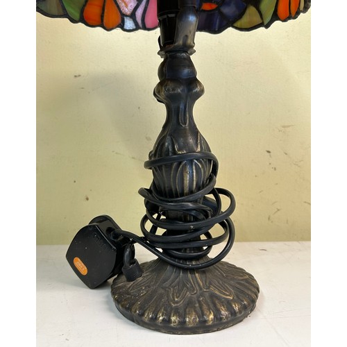 497 - THREE SMALL TIFFANY INSPIRED TABLE LAMPS INCLUDING OWL SHADE EXAMPLE