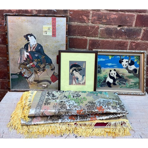 603 - JAPANESE FOIL WARRIOR PICTURE, WIRE WORK PANDA PICTURE, AND ONE OTHER, AND SILK FRINGED TABLE COVER