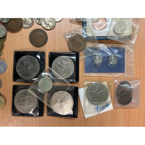 567 - TIN OF GB PRE DECIMAL AND COMMEMORATIVE COINS PLUS SOME WORLD COINS