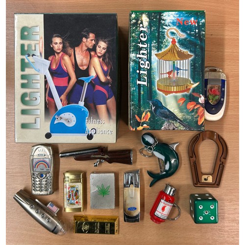 589 - COLLECTION OF BOXED NOVELTY CIGARETTE LIGHTERS, PIPES, AND SMOKING RELATED ITEMS