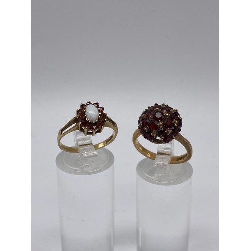 688 - 9CT GOLD GARNET CLUSTER DRESS RING AND 9CT GOLD OPAL AND GARNET DRESS RING SIZE O AND M 6.2G APPROX