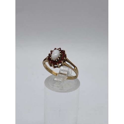 688 - 9CT GOLD GARNET CLUSTER DRESS RING AND 9CT GOLD OPAL AND GARNET DRESS RING SIZE O AND M 6.2G APPROX