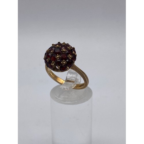 688 - 9CT GOLD GARNET CLUSTER DRESS RING AND 9CT GOLD OPAL AND GARNET DRESS RING SIZE O AND M 6.2G APPROX