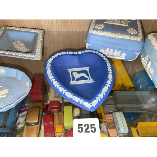 525 - WEDGWOOD AND POWDER BLUE JASPER WARE PIN DISHES, BISCUIT BARRELL, WEMBLEY 1924 DISH AND OTHERS