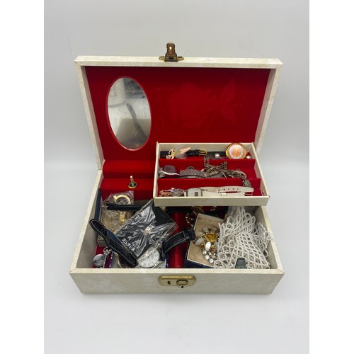 662 - BOX OF VARIOUS COSTUME JEWELLERY INCLUDING SILVER CHARM BRACELET, DRESS WATCHES